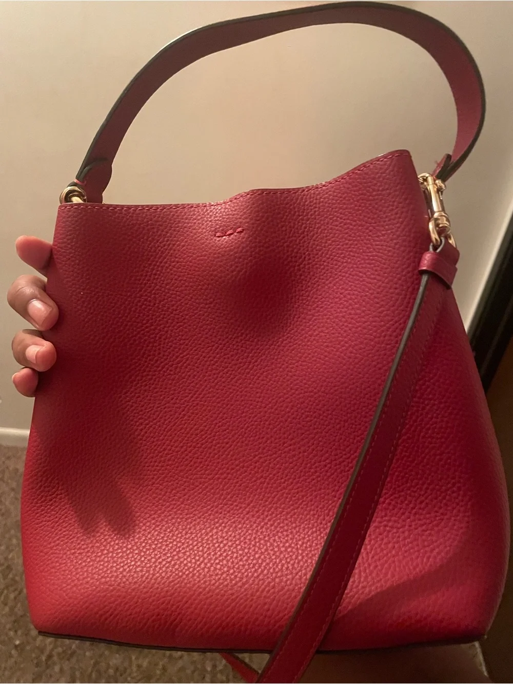 Coach Red Pebbled Leather Top-Handle Satchel with Gold Hardware
